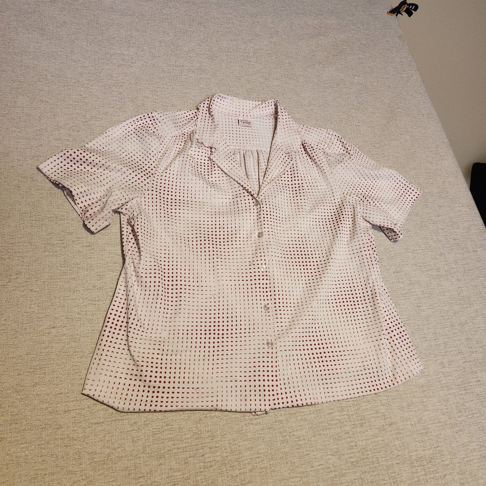 Lady Graff Blouse Women Large White Red Geometric Print Short Sleeve Retro Top